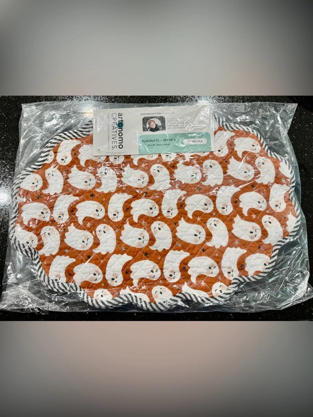 Artonomo Creatives Orange Ghost Reversible Quilted Halloween Placemats Set of 4